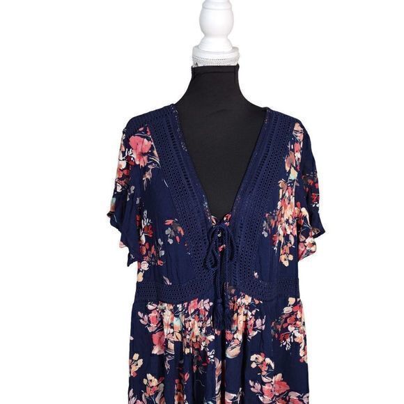 Torrid Navy Gauze Short Sleeve Skater Dress with Lace Collar Detail and Pockets - Picture 1 of 10